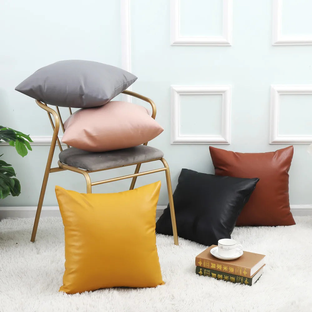 PU Leather Cushion Cover 45 * 45/50 * 50/55 * 55/60 * 60CM Imitation Leather Living Room Sofa Pillowcase Home Decoration