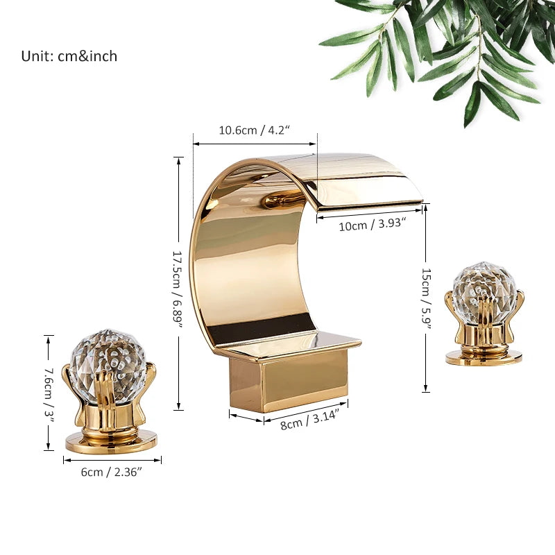 Gold Waterfall Bathroom Faucet Crane Crystal Handle Widespread Hot Cold Water Mixer Tap Torneiras For Basin Taps