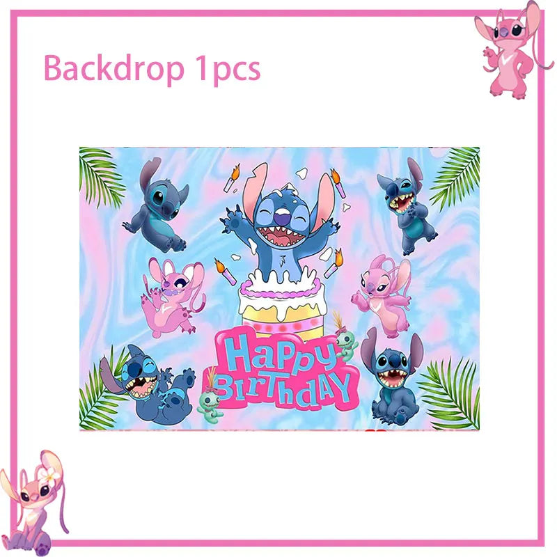 Stitch Birthday Party Decoration Pink Theme Paper Napkins Plates Cups Tableware Set Background Party Decoration Supplies For Kid
