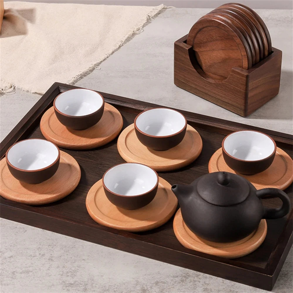 6pcs/set  Walnut Wood Coasters Placemats Decorative Round Insulated Japanese Beverage Coasters Home Decor