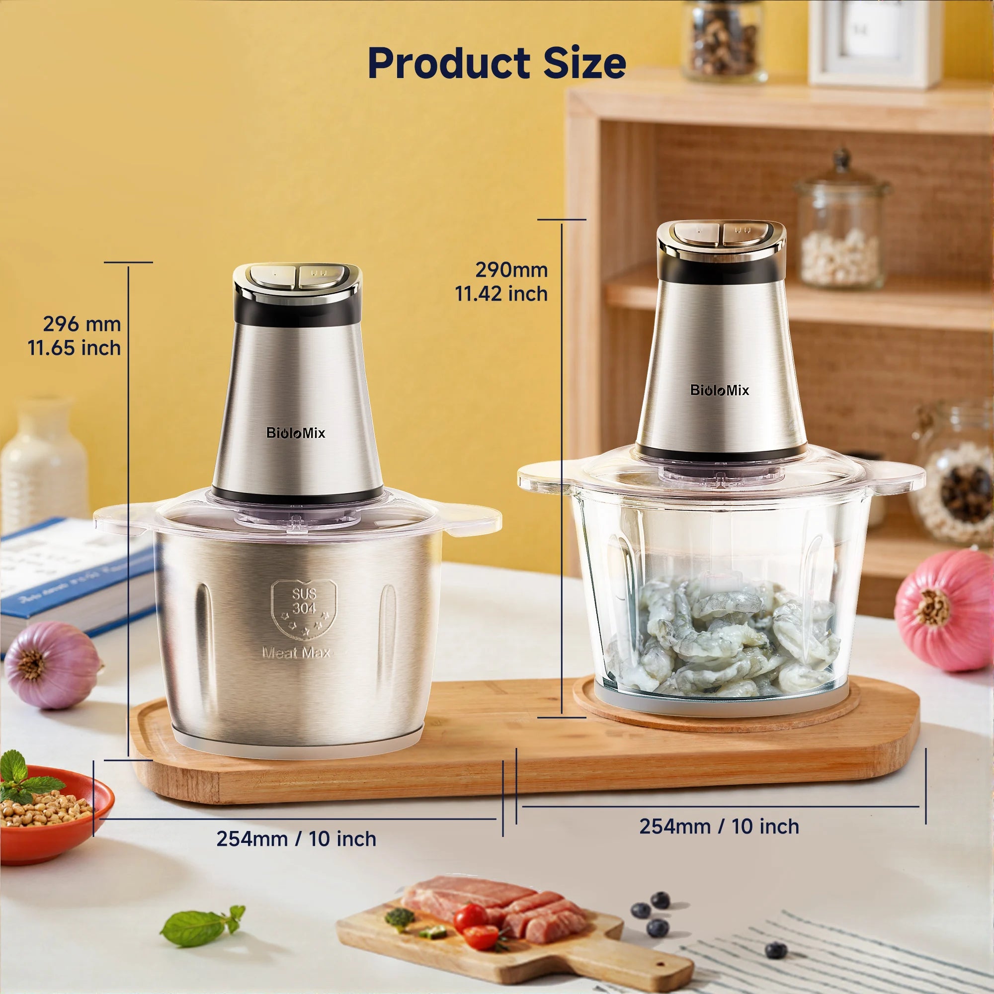 BioloMix Mini Electric Food Chopper 300W with 2 Bowls And 4 Bi-Level Blades for Baby Food Meat, Onion Processing