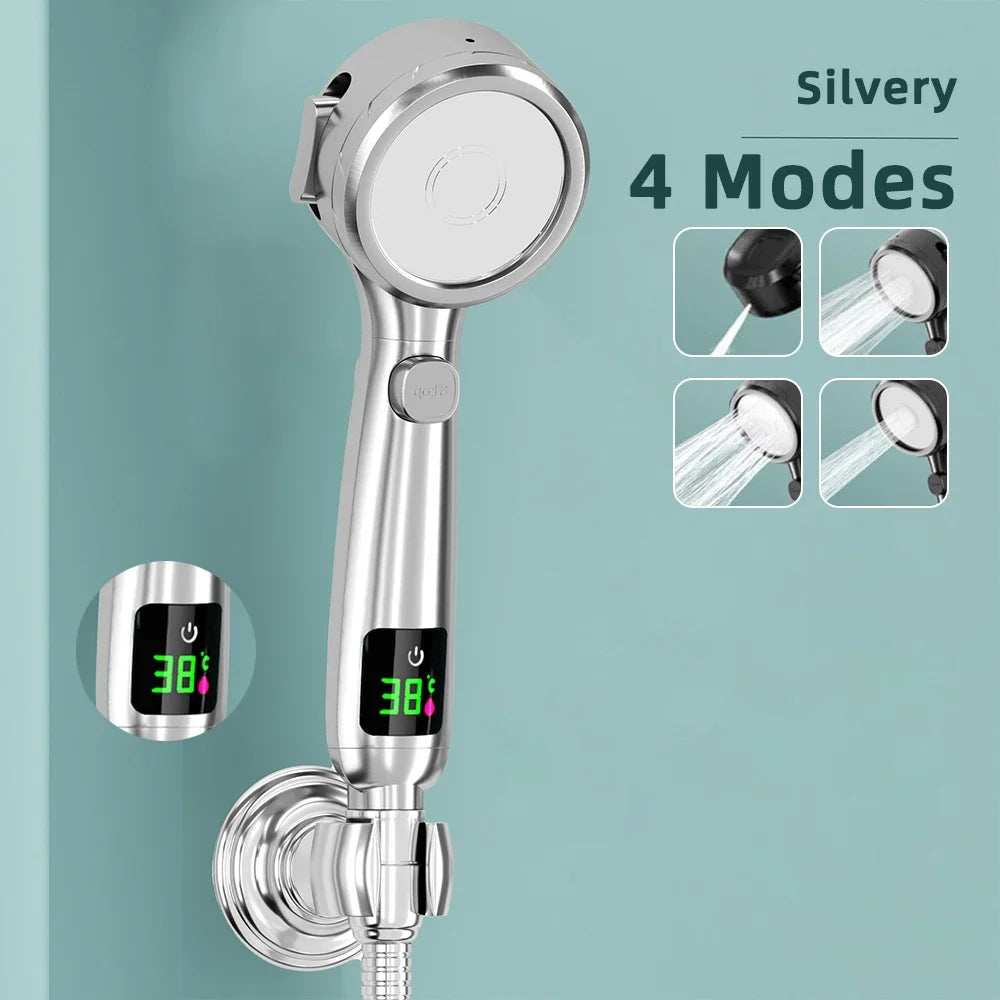 Digital Display Shower Head High Pressure Handheld Bathroom Shower Water Saving Shower Heads 4-Modes Spray Bathroom Accessories