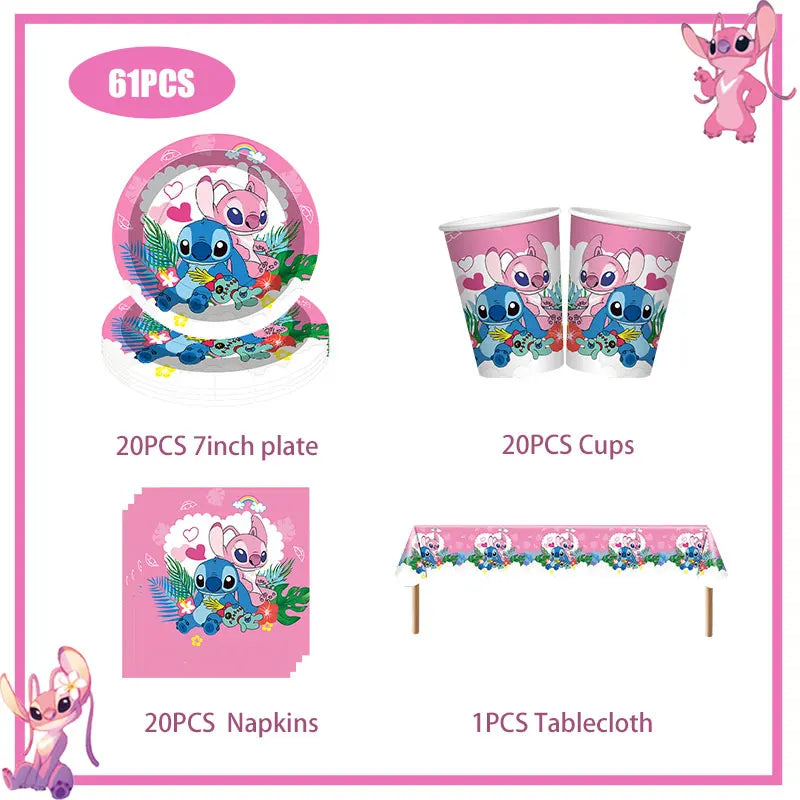 Stitch Birthday Party Decoration Pink Theme Paper Napkins Plates Cups Tableware Set Background Party Decoration Supplies For Kid