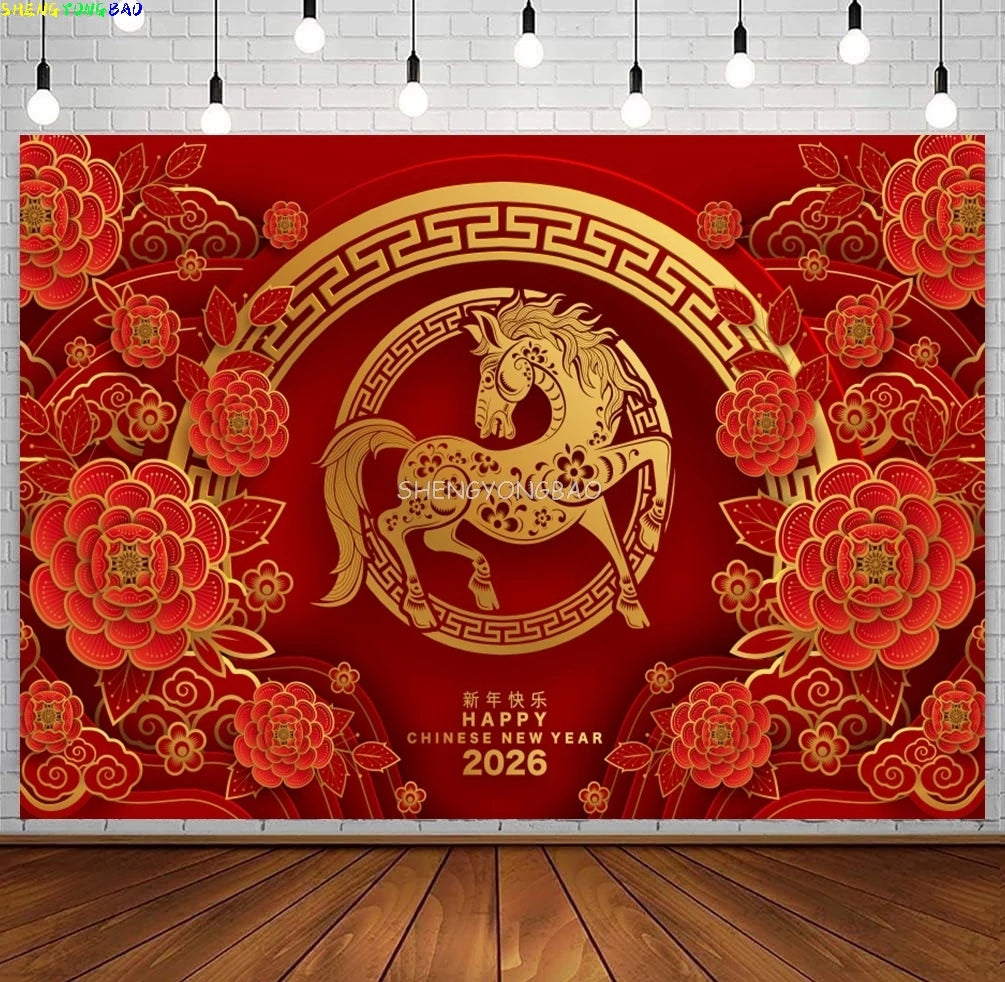 2026 Happy New Year Party Decor Background Chinese Style Spring Festival Red Flower Horse Lantern Family Party Backdrop CN-12
