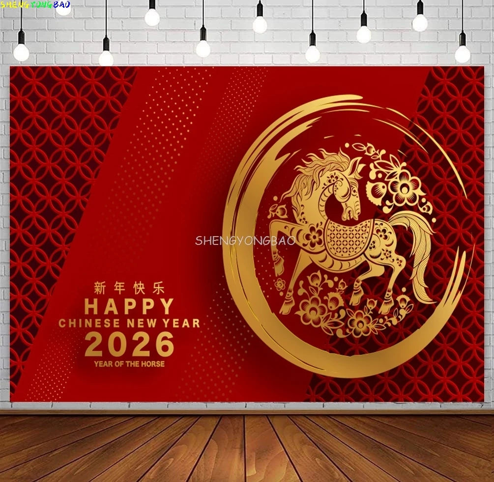 2026 Happy New Year Party Decor Background Chinese Style Spring Festival Red Flower Horse Lantern Family Party Backdrop CN-12
