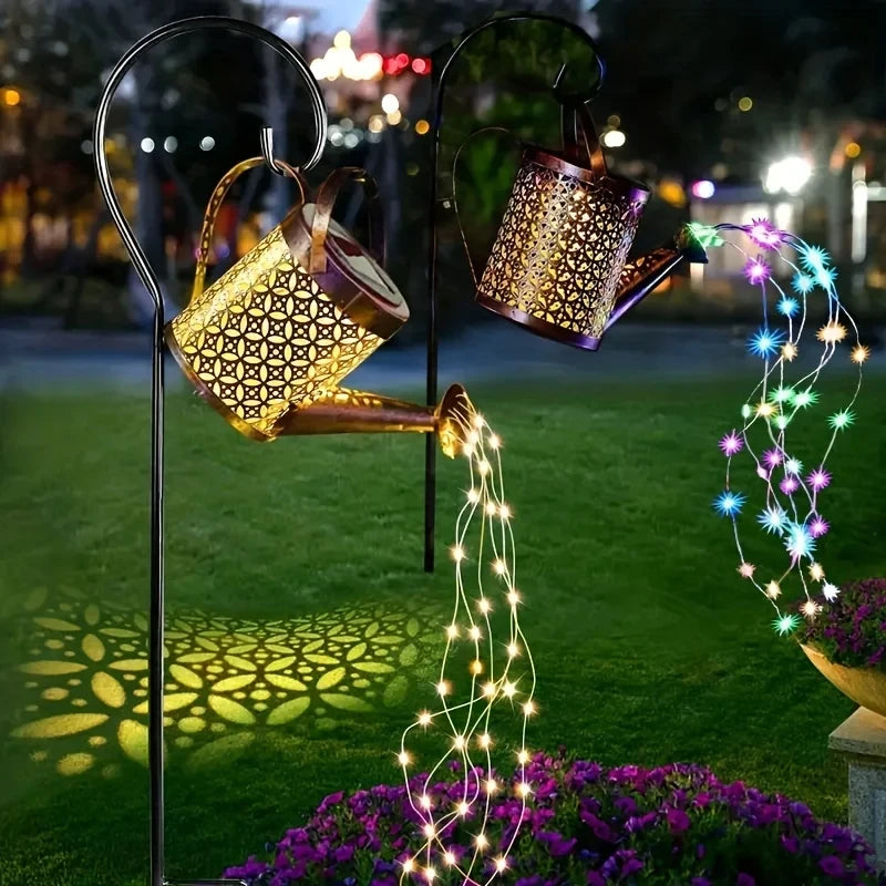 Large Retro Metal Lantern Solar Watering Can Light Outdoor Waterproof Shower Lights Hanging Star LED Fairy for Garden Decoration