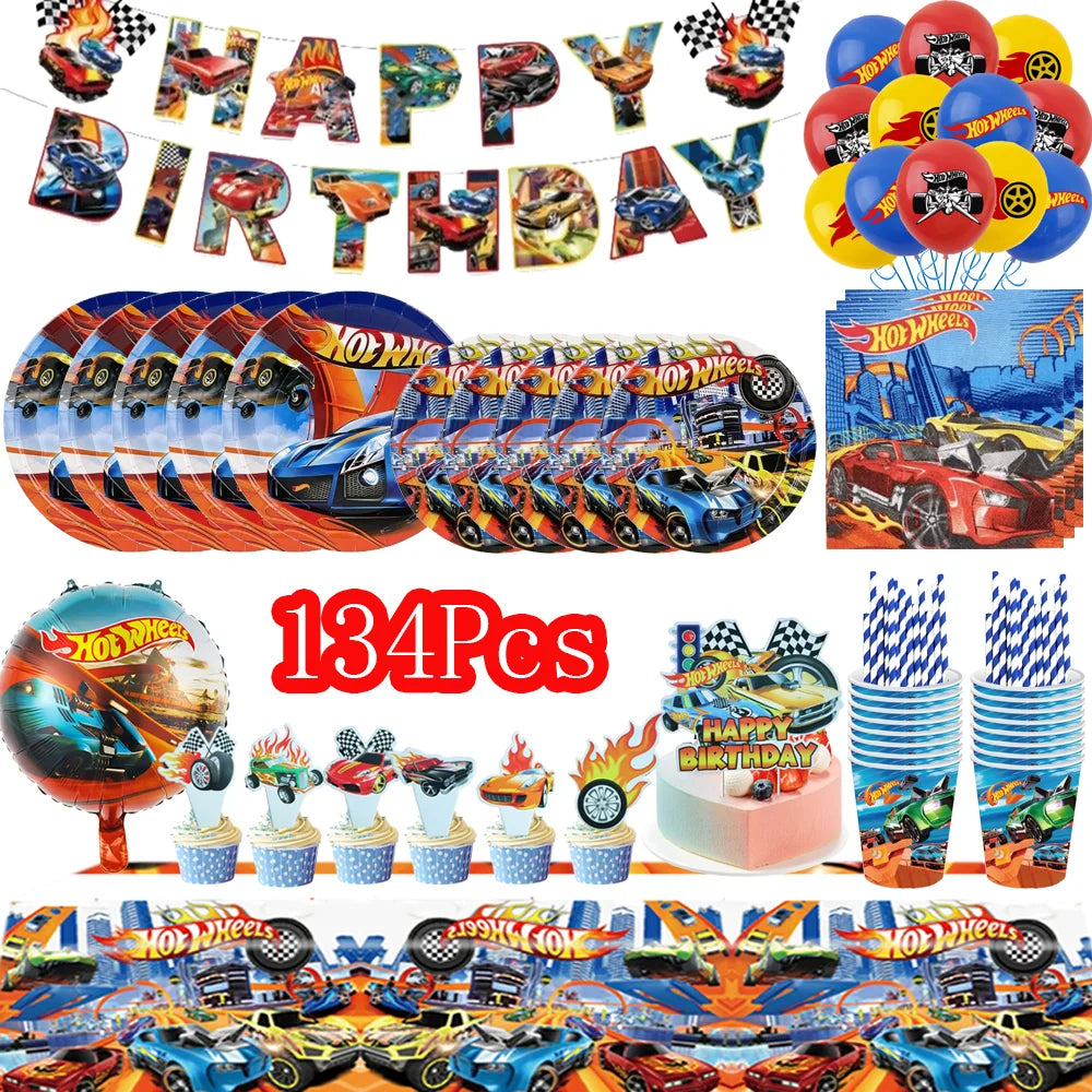 Boys Favor Birthday Backdrop Decoration Kids Hot Wheels Baby Shower Balloons Paper Tableware Cartoon Race Car Party Supplies