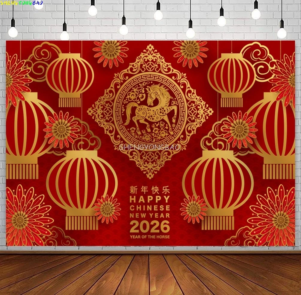 2026 Happy New Year Party Decor Background Chinese Style Spring Festival Red Flower Horse Lantern Family Party Backdrop CN-12