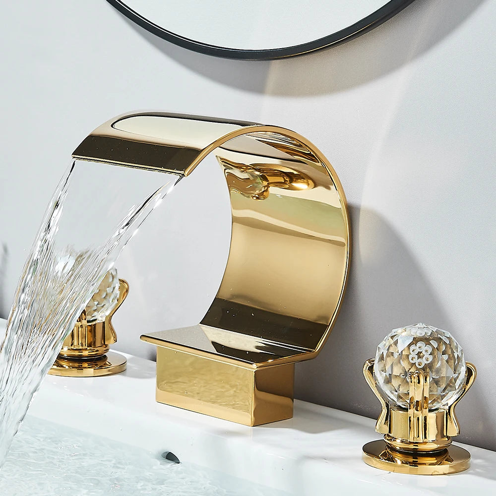 Gold Waterfall Bathroom Faucet Crane Crystal Handle Widespread Hot Cold Water Mixer Tap Torneiras For Basin Taps