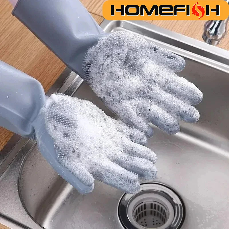 Dishwashing Cleaning Gloves Magic Silicone Rubber Dish Washing Gloves for Household Sponge Scrubber Kitchen Cleaning Tools
