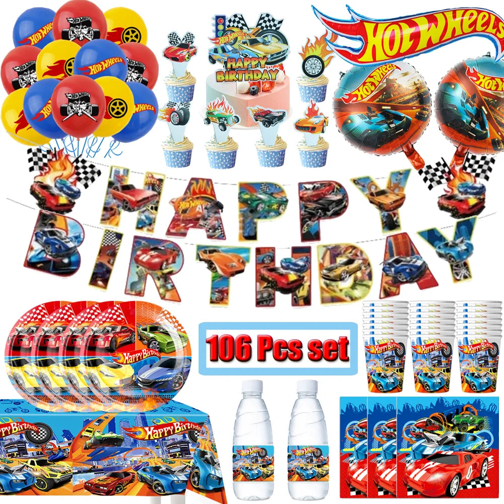Boys Favor Birthday Backdrop Decoration Kids Hot Wheels Baby Shower Balloons Paper Tableware Cartoon Race Car Party Supplies