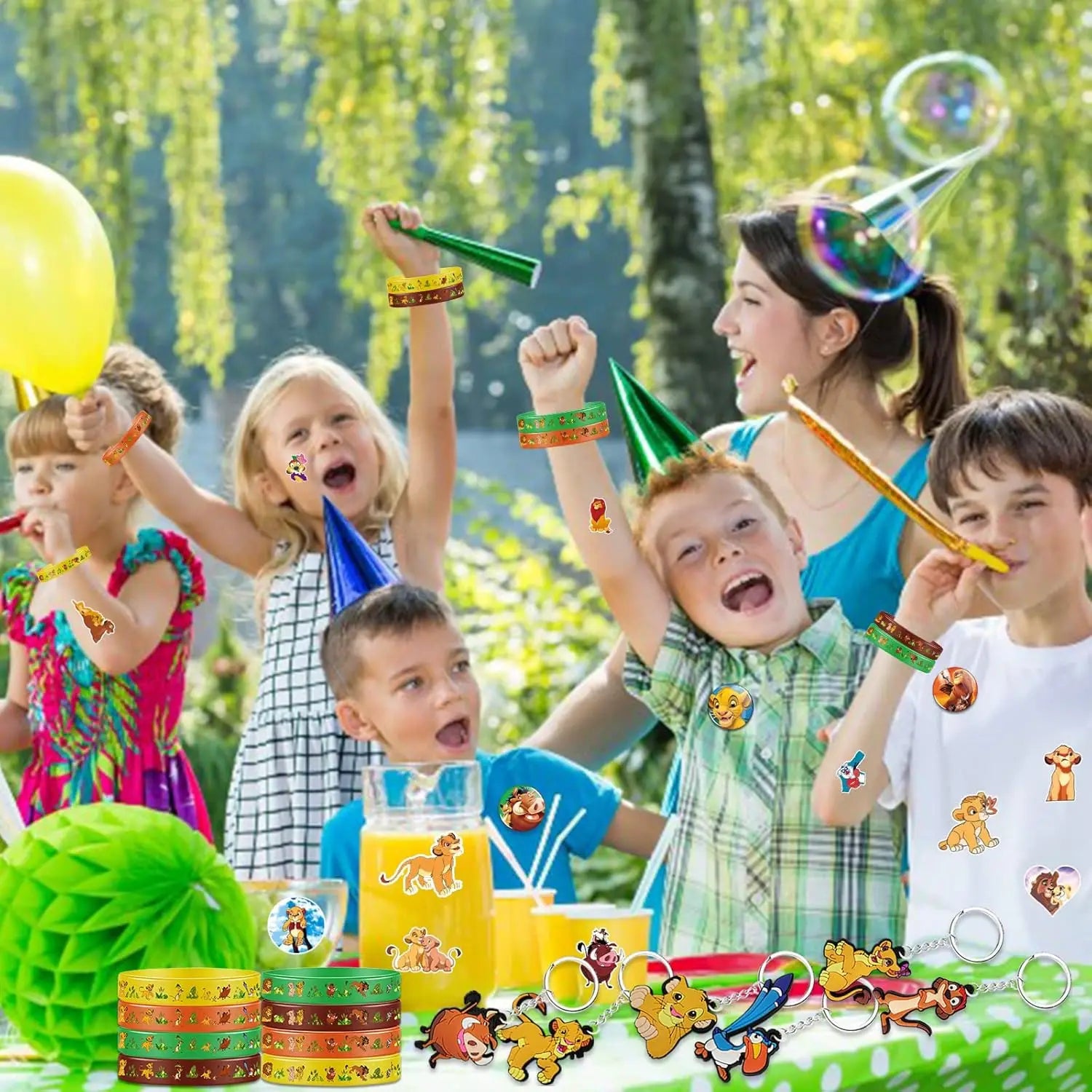 Lion King Party Favors includes Slap Bracelets Stickers Blowouts Gifts Bags for Jungle Lion Themed Birthday Party Decorations