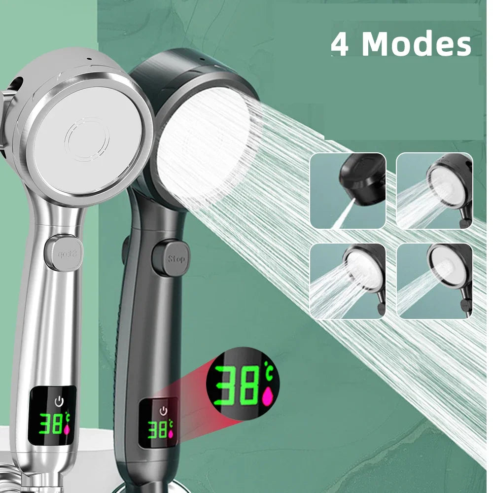 Digital Display Shower Head High Pressure Handheld Bathroom Shower Water Saving Shower Heads 4-Modes Spray Bathroom Accessories