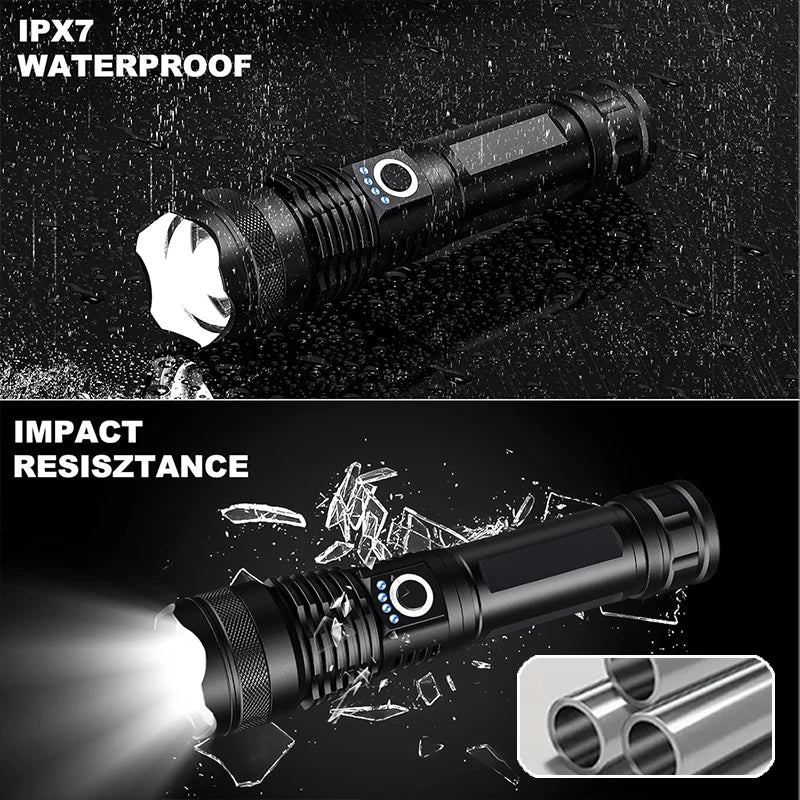 High Power Rechargeable LED Tactical Flashlight  Aluminum Alloy Telescopic Zoom Torch Lamp for Outdoor Camping Fishing