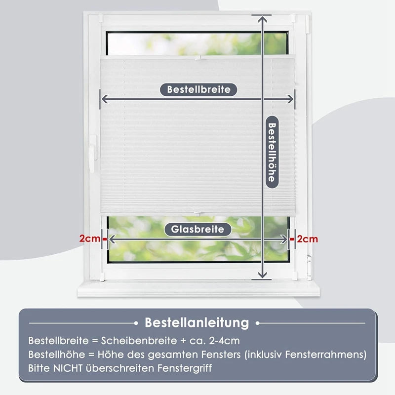 Pleated Blind, Klemmfix, No Drilling,Folding Roller Blind, Window Blind for Doors and Windows, Opaque, Privacy Protection