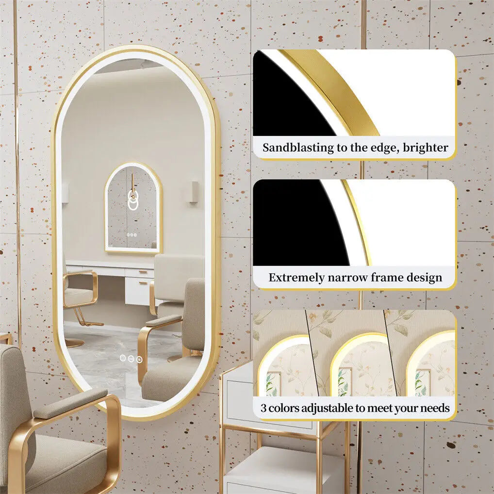 LED Bathroom Mirror Oval Illuminated Wall Mirror Aluminum Gold Frame Memory Anti-fog 3 Changeable Color, IP56 800/1000/1200MM