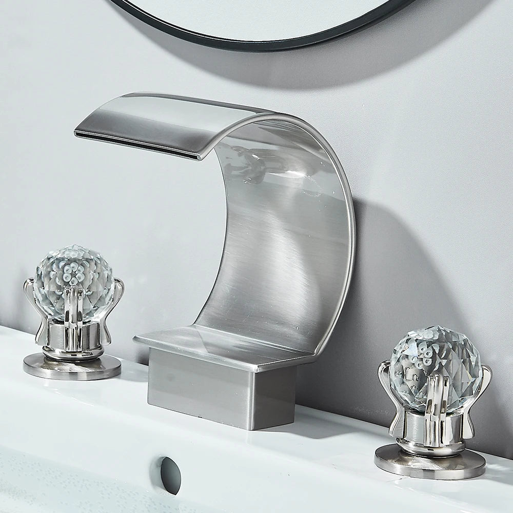 Gold Waterfall Bathroom Faucet Crane Crystal Handle Widespread Hot Cold Water Mixer Tap Torneiras For Basin Taps
