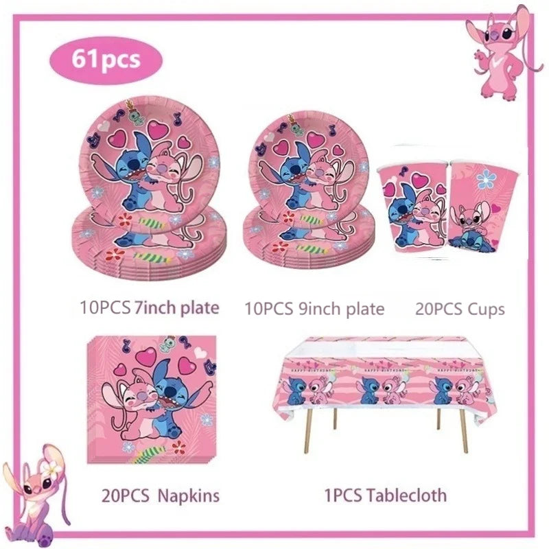 Stitch Birthday Party Decoration Pink Theme Paper Napkins Plates Cups Tableware Set Background Party Decoration Supplies For Kid