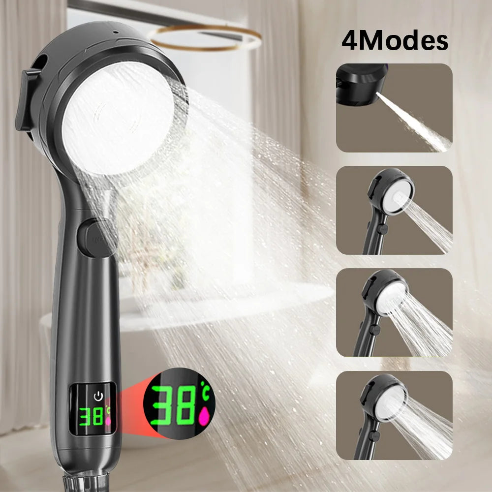 Digital Display Shower Head High Pressure Handheld Bathroom Shower Water Saving Shower Heads 4-Modes Spray Bathroom Accessories