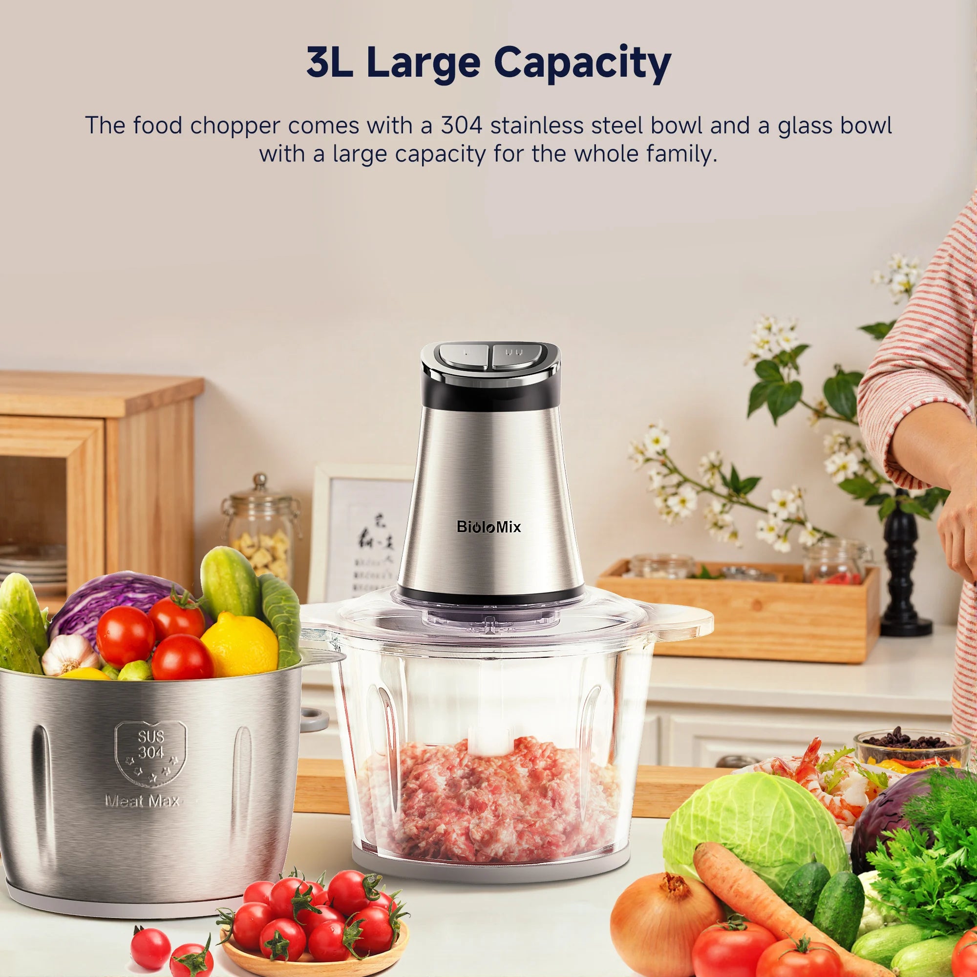 BioloMix Mini Electric Food Chopper 300W with 2 Bowls And 4 Bi-Level Blades for Baby Food Meat, Onion Processing