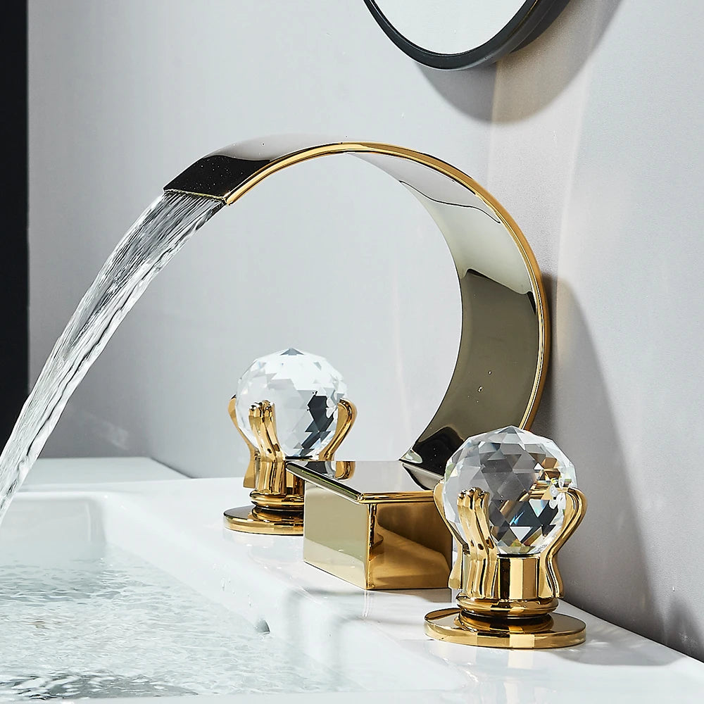 Gold Waterfall Bathroom Faucet Crane Crystal Handle Widespread Hot Cold Water Mixer Tap Torneiras For Basin Taps