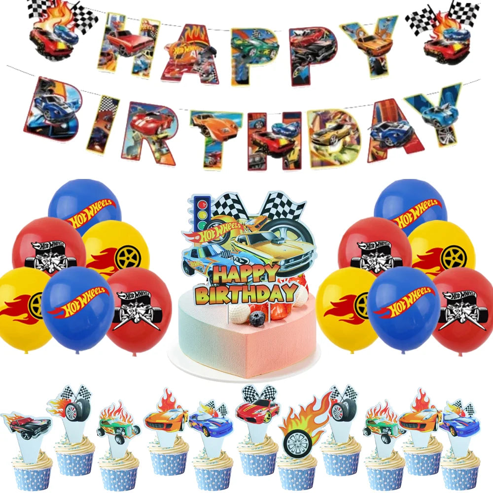 Boys Favor Birthday Backdrop Decoration Kids Hot Wheels Baby Shower Balloons Paper Tableware Cartoon Race Car Party Supplies