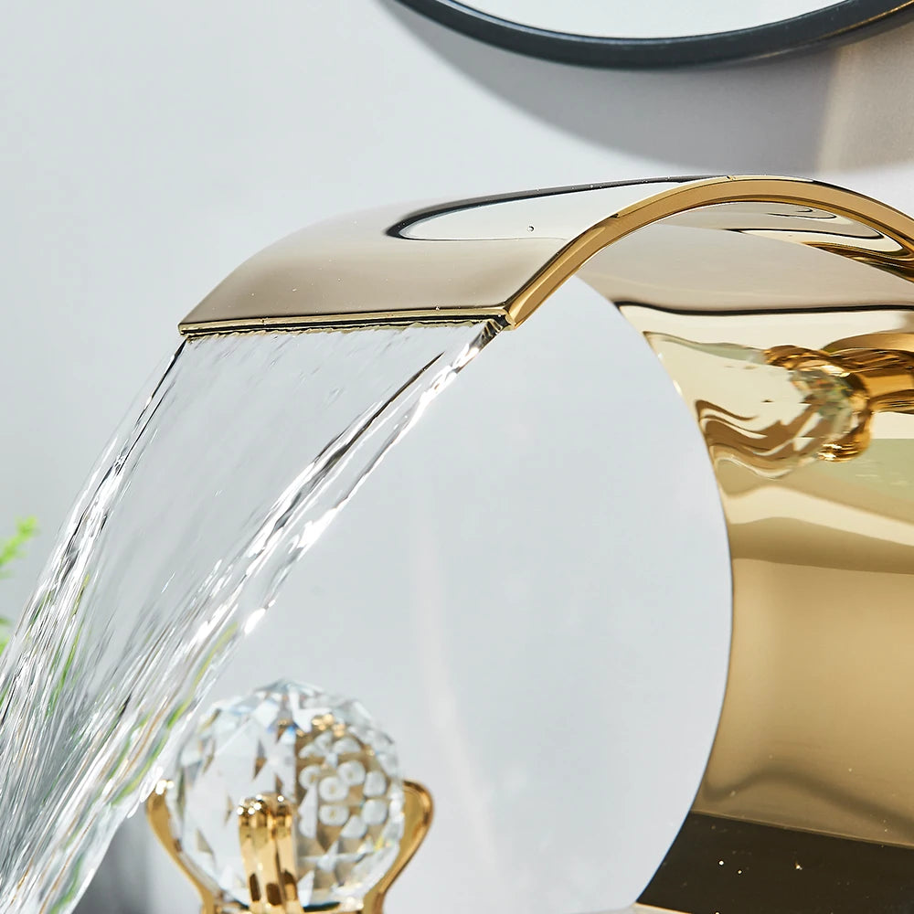 Gold Waterfall Bathroom Faucet Crane Crystal Handle Widespread Hot Cold Water Mixer Tap Torneiras For Basin Taps