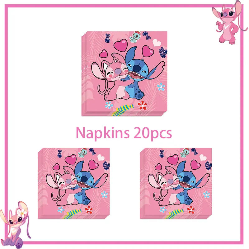 Stitch Birthday Party Decoration Pink Theme Paper Napkins Plates Cups Tableware Set Background Party Decoration Supplies For Kid