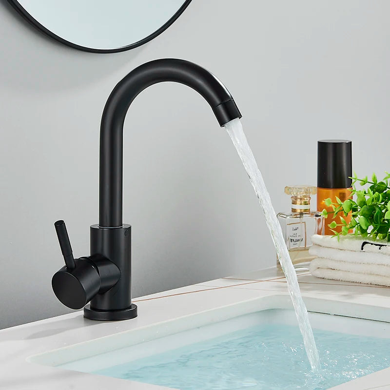 Bathroom Basin Faucet 304 Stainless Steel Hot Cold Wash Mixer Crane Tap 360 Rotation Sink Faucets Single Handle,Black/ White