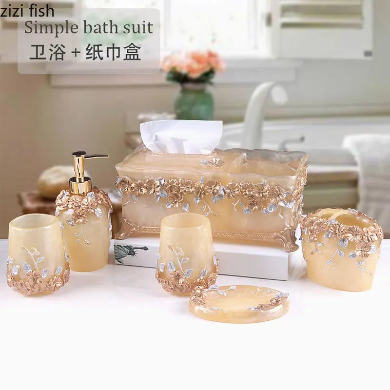 Fashion Bathroom Supplies Resin Five-piece Washbasin European Bathroom Supplies Toothpaste Storage Box Tissue Box