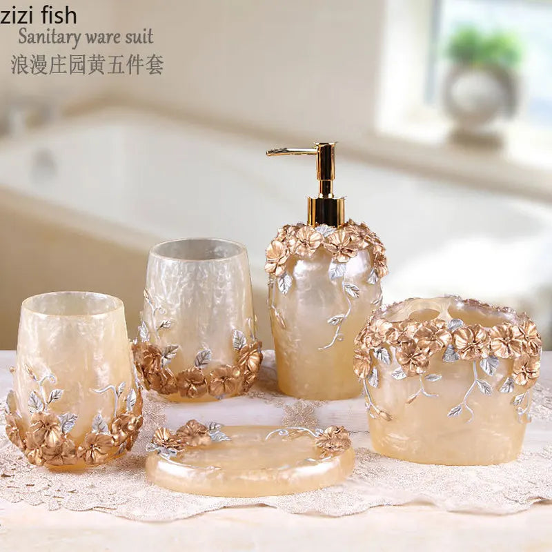 Fashion Bathroom Supplies Resin Five-piece Washbasin European Bathroom Supplies Toothpaste Storage Box Tissue Box
