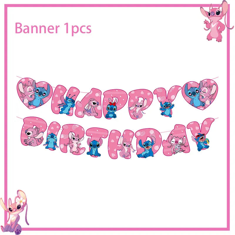 Stitch Birthday Party Decoration Pink Theme Paper Napkins Plates Cups Tableware Set Background Party Decoration Supplies For Kid