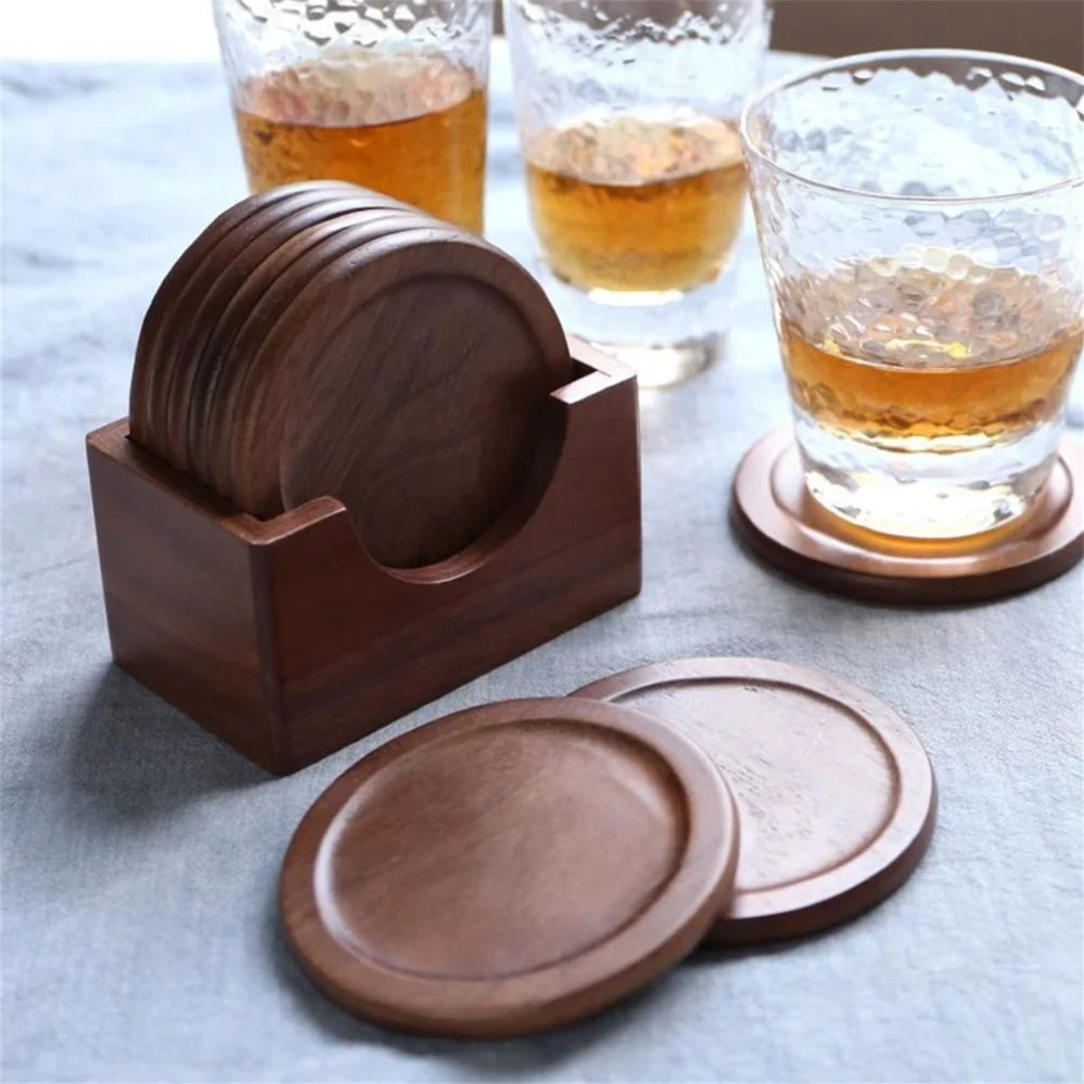 6pcs/set  Walnut Wood Coasters Placemats Decorative Round Insulated Japanese Beverage Coasters Home Decor