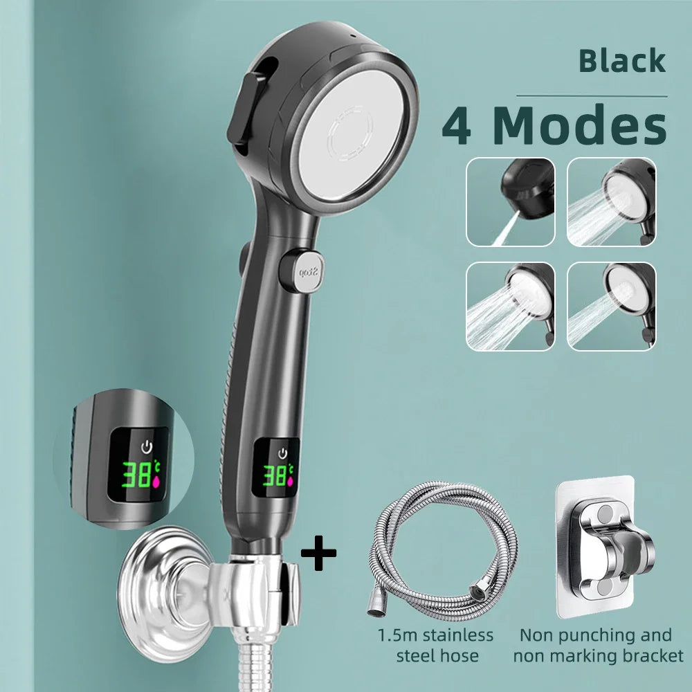 Digital Display Shower Head High Pressure Handheld Bathroom Shower Water Saving Shower Heads 4-Modes Spray Bathroom Accessories
