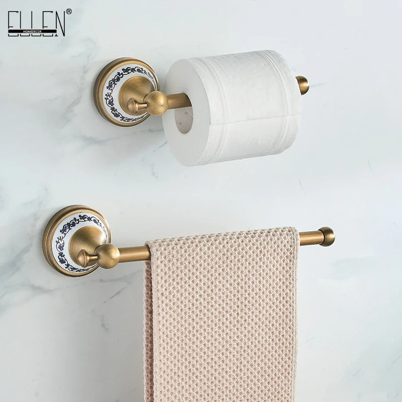 Antique Brass 2pc Bathroom Accessories Set, Bronze Dispenser Towel Rod and Toilet Paper Holder for Bathroom Wall Mounted