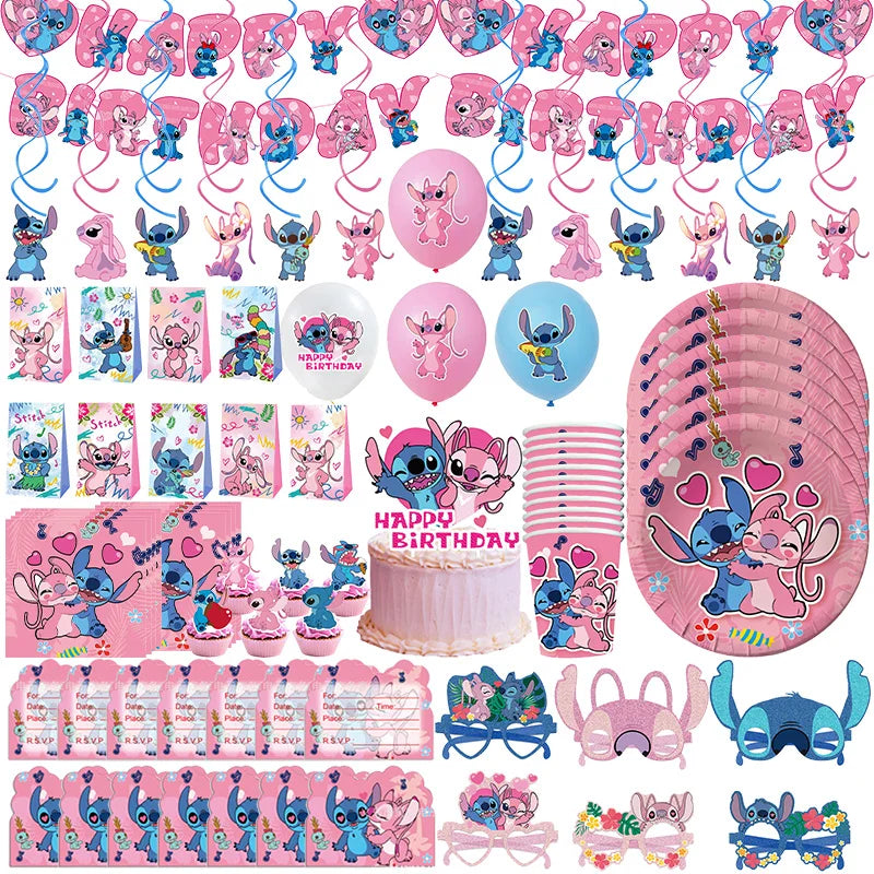 Stitch Birthday Party Decoration Pink Theme Paper Napkins Plates Cups Tableware Set Background Party Decoration Supplies For Kid