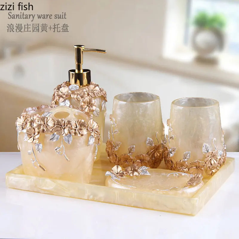 Fashion Bathroom Supplies Resin Five-piece Washbasin European Bathroom Supplies Toothpaste Storage Box Tissue Box