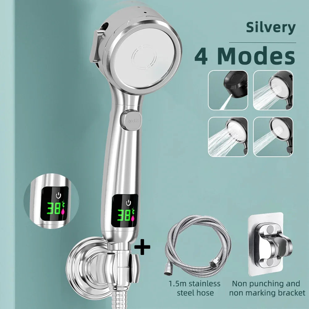 Digital Display Shower Head High Pressure Handheld Bathroom Shower Water Saving Shower Heads 4-Modes Spray Bathroom Accessories
