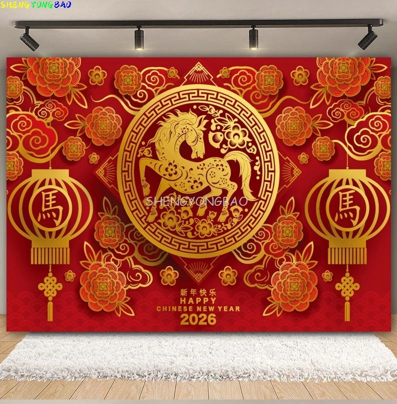 2026 Happy New Year Party Decor Background Chinese Style Spring Festival Red Flower Horse Lantern Family Party Backdrop CN-12
