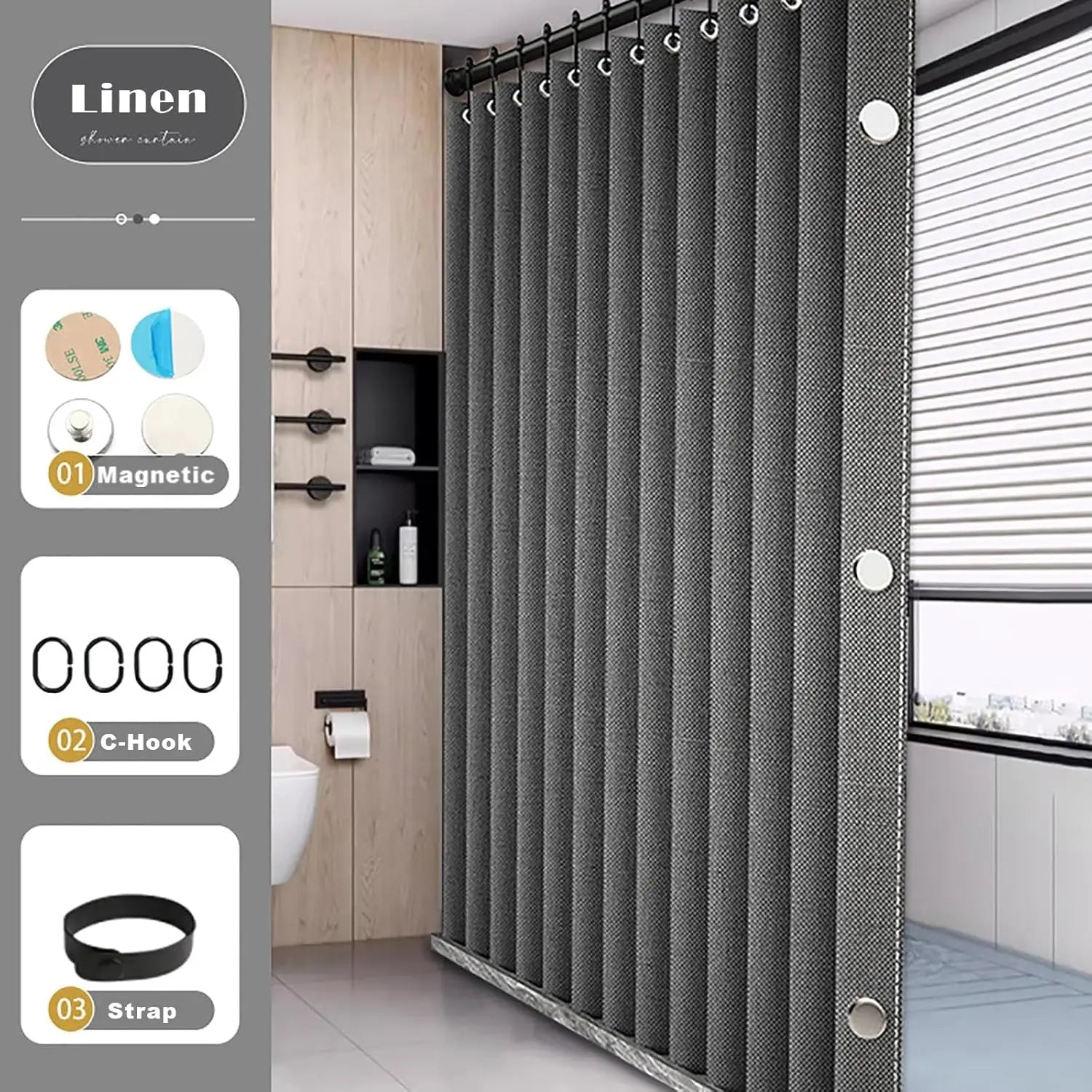 Bathroom Folding Linen Shower Curtain with Magnets Waterproof Suitable for Walk-in Shower Does Not Include Telescopic Rod