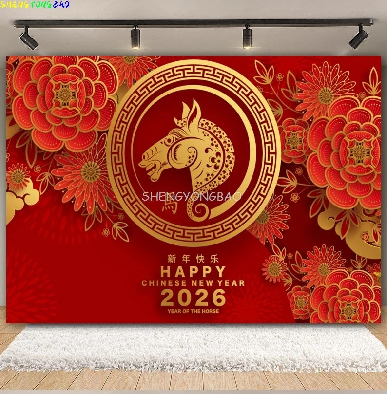 2026 Happy New Year Party Decor Background Chinese Style Spring Festival Red Flower Horse Lantern Family Party Backdrop CN-12