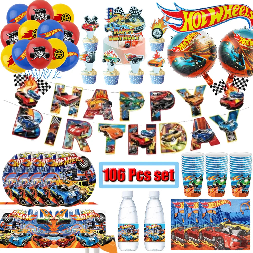 Boys Favor Birthday Backdrop Decoration Kids Hot Wheels Baby Shower Balloons Paper Tableware Cartoon Race Car Party Supplies