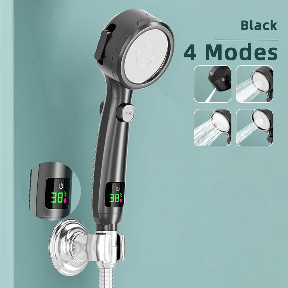 Digital Display Shower Head High Pressure Handheld Bathroom Shower Water Saving Shower Heads 4-Modes Spray Bathroom Accessories