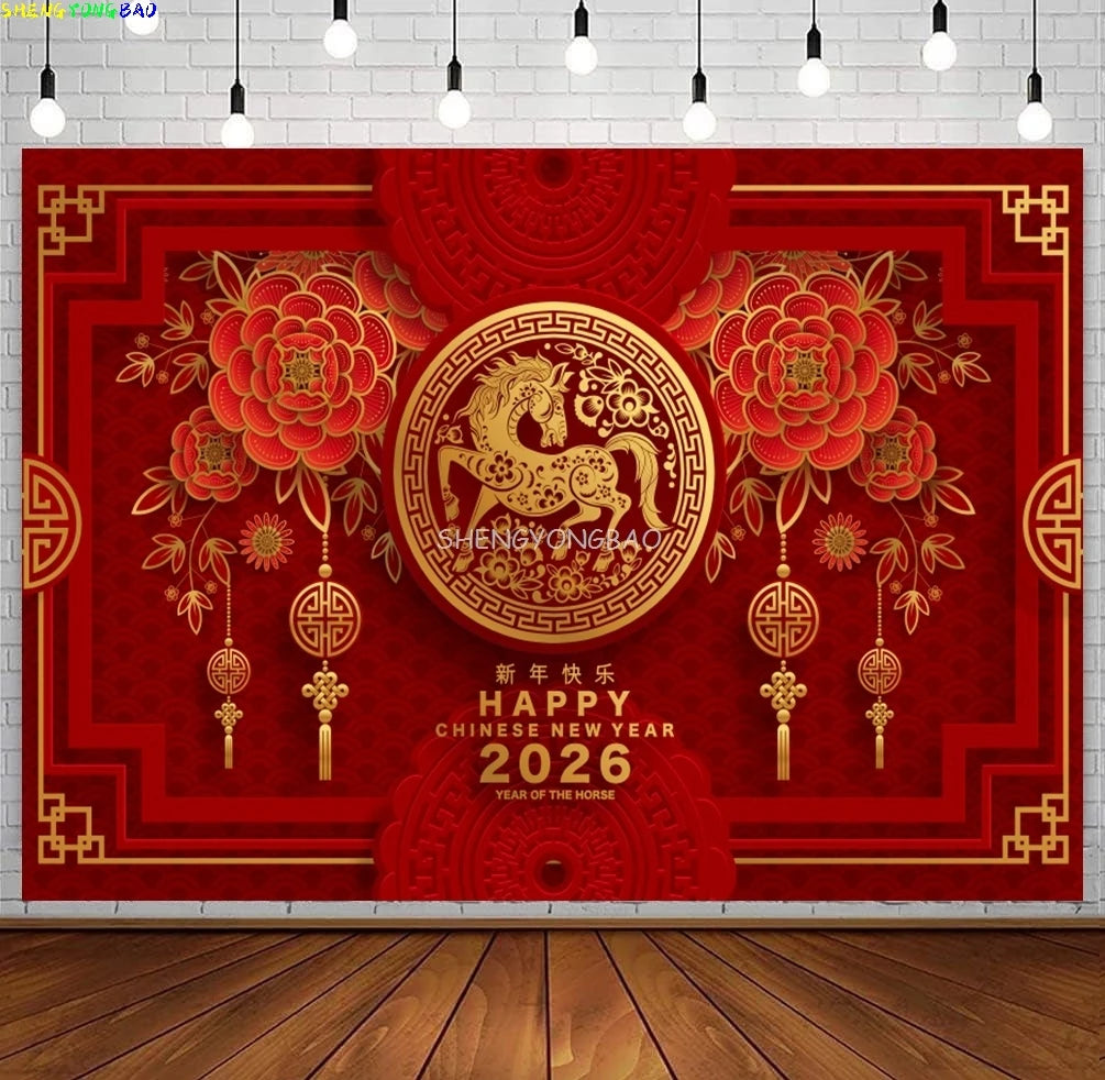 2026 Happy New Year Party Decor Background Chinese Style Spring Festival Red Flower Horse Lantern Family Party Backdrop CN-12
