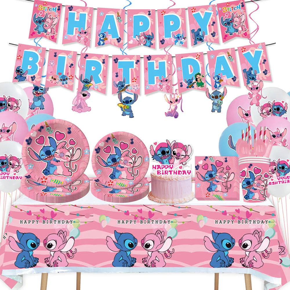 Stitch Birthday Party Decoration Pink Theme Paper Napkins Plates Cups Tableware Set Background Party Decoration Supplies For Kid