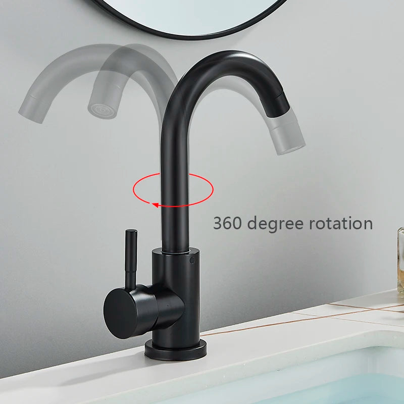 Bathroom Basin Faucet 304 Stainless Steel Hot Cold Wash Mixer Crane Tap 360 Rotation Sink Faucets Single Handle,Black/ White