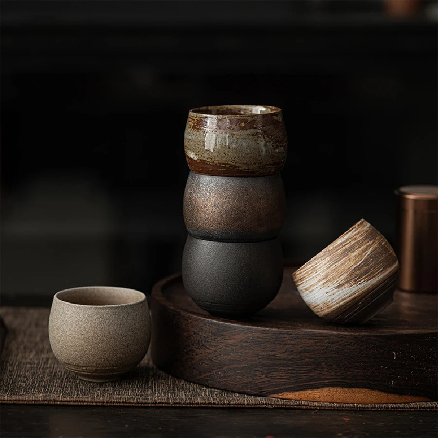 1pc Japanese Style Handmade Stoneware Tea Cup Kung Fu Tea Set Tea Cup Small Single Cup Ancient Style Quiet Road Cup Bowl Teacup