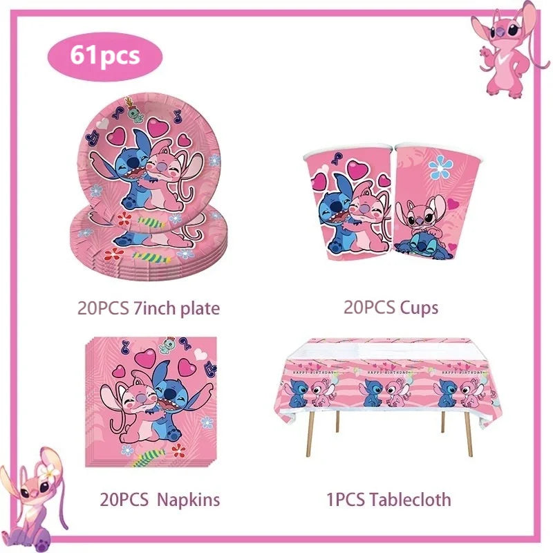 Stitch Birthday Party Decoration Pink Theme Paper Napkins Plates Cups Tableware Set Background Party Decoration Supplies For Kid