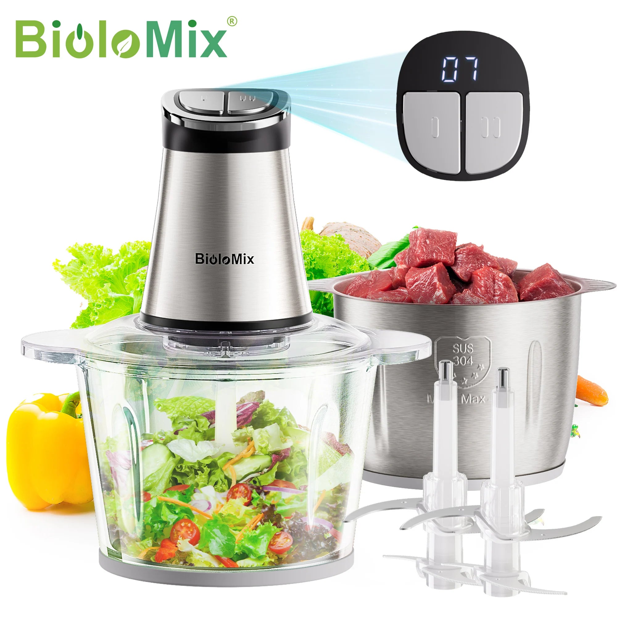 BioloMix Mini Electric Food Chopper 300W with 2 Bowls And 4 Bi-Level Blades for Baby Food Meat, Onion Processing