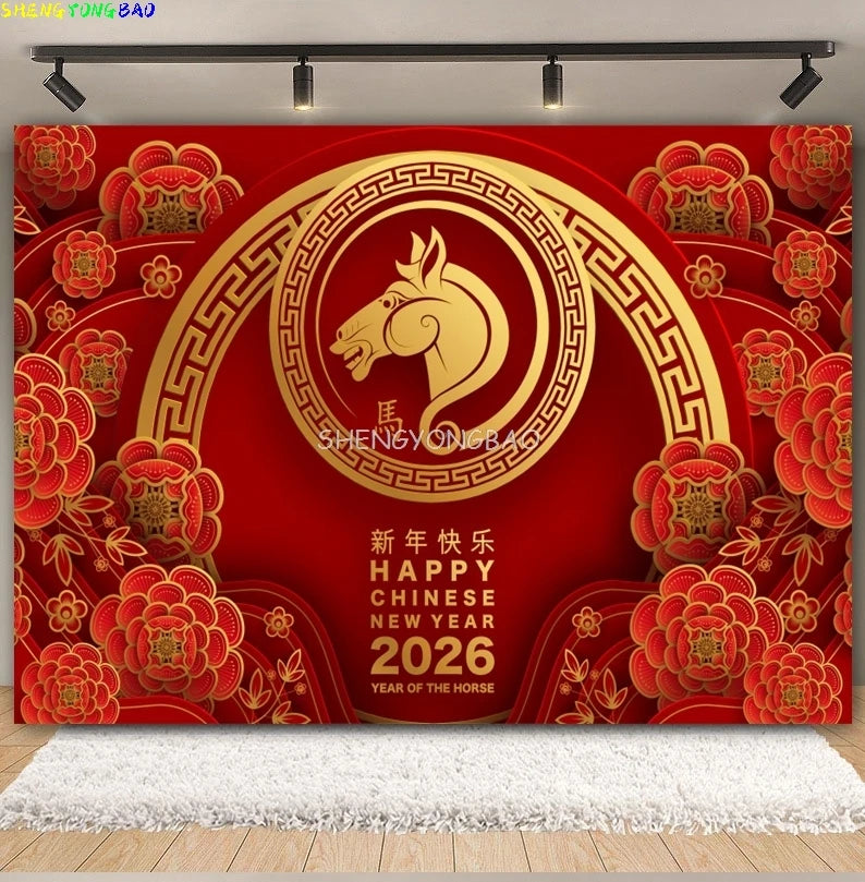 2026 Happy New Year Party Decor Background Chinese Style Spring Festival Red Flower Horse Lantern Family Party Backdrop CN-12